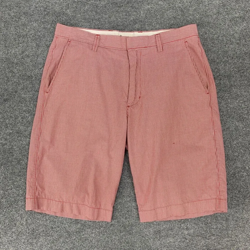 J. Crew Shorts Mens 31 Red White Gingham Plaid Check Cotton Flat Front Chino